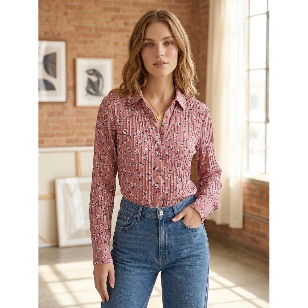 Pilcro Anthropologie Pink Floral Pleated Cotton Button Down Blouse XS OB1092717